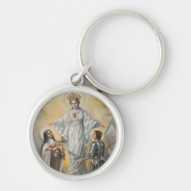St. Therese, jungfruliga Mary, St. Joan av bågro Rund Silverfärgad Nyckelring (Framsidan)
