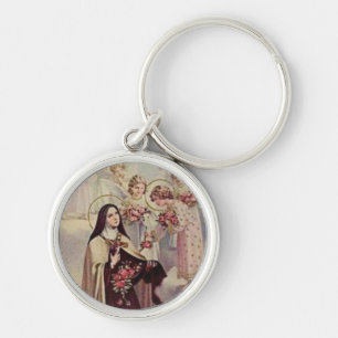 St. Therese lite blommarosa rosänglar Rund Silverfärgad Nyckelring