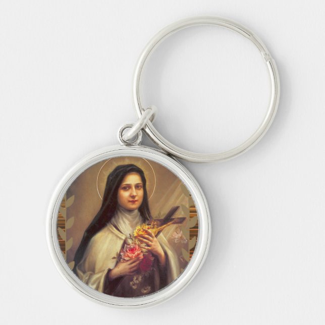 St. Therese lite blommarosa roscrucifixen Rund Silverfärgad Nyckelring (Framsidan)