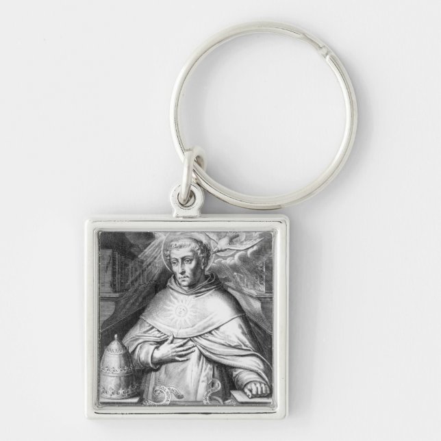 St Thomas Aquinas Fyrkantig Silverfärgad Nyckelring (Framsidan)