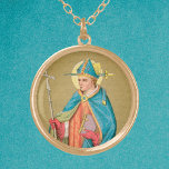 St. Thomas Becket med Sword i Miter (P 005) Guldpläterat Halsband<br><div class="desc">I detta fullt-långa porträtt från ett sent 1800-talets devotional print framställs St. Thomas Becket som sin tidigaste typ: han framställs i sin förstahandsfigur: hög, smal och ren. Han håller sitt arkiepiscopal kor i sin höger och bär en lexikon eller Gospel bok i sin lämnat . Han är klädd i nästan...</div>