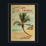 St Thomas Handflatan Träd Vintage resor Vykort<br><div class="desc">En unik retro-medelhundradets moderna konstverk av S:t Thomas Virgin Islands i vintage resor poster stil. Den har en böjd handflatan träd på sandstranden med hav under ett blått grumligt himlar.</div>