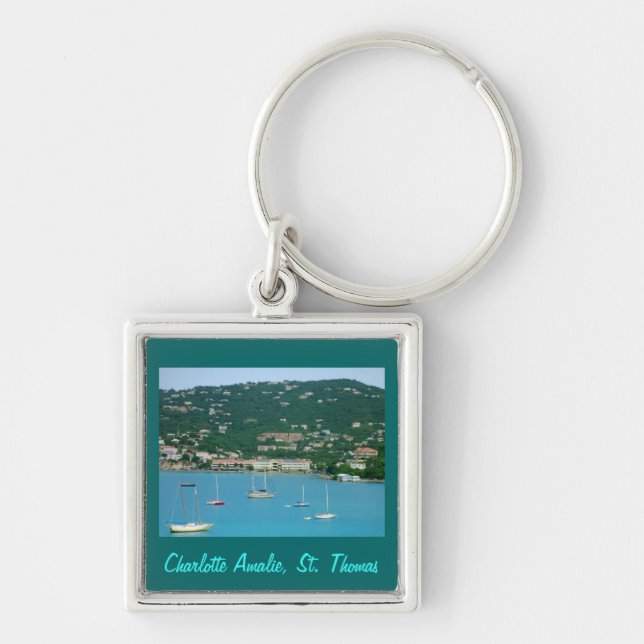 St Thomas segelbåtar Keychain Fyrkantig Silverfärgad Nyckelring (Framsidan)