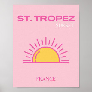 St Tropez, Frankrike, Sunset, Travel Art, Rosa Poster