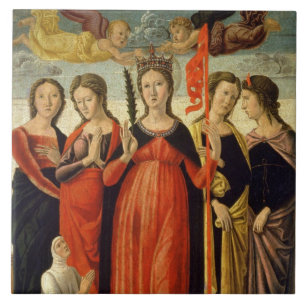 St Ursula och fyra Saints (tempera på panel) Kakelplatta