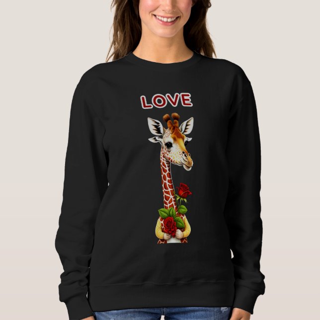 St Valentine Day Love Giraffe holding roses T Shirt (Framsida)