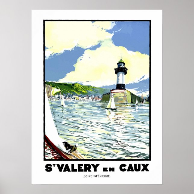 St. Valery en Caux, vatten, fyr, segelbåt Poster (Framsidan)