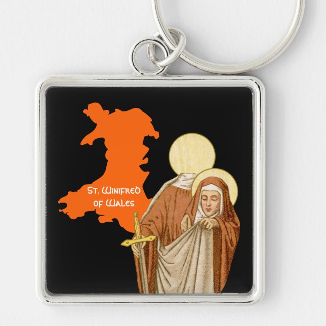 St. Winifred of Wales (P 002) Fyrkantig Silverfärgad Nyckelring (Framsidan)