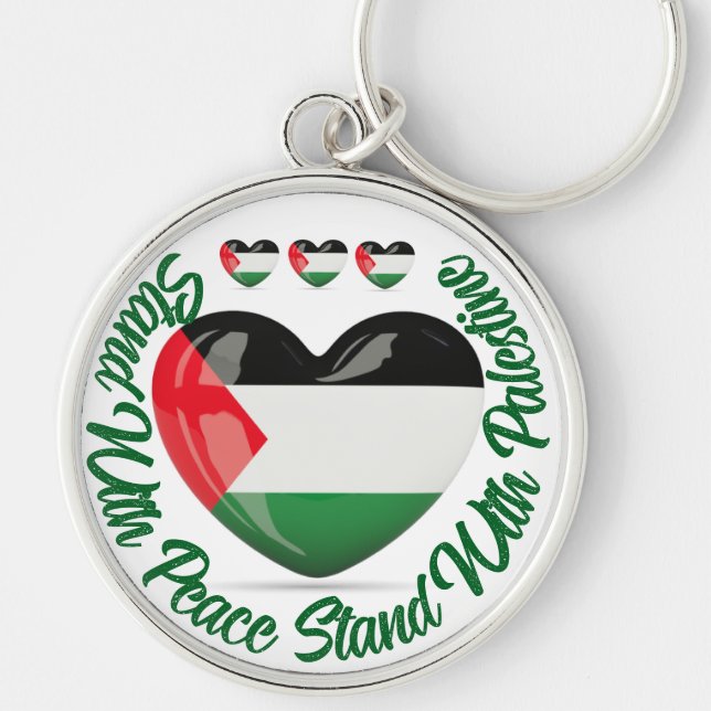 "Stå med fred, ställ er med Palestina Rund Silverfärgad Nyckelring (Framsidan)