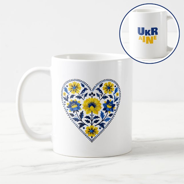 Stå med Ukraina traditionell petrykovka-målning Kaffemugg (Skapare uppladdad)