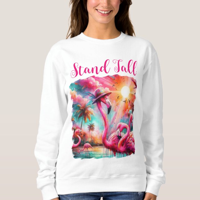 Stå Tall Tropical Rosa Flamingos Handflatan Träd S T Shirt (Framsida)