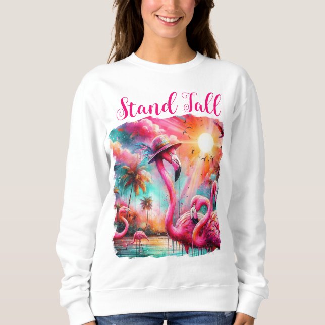 Stå Tall Tropical Rosa Flamingos Handflatan Träd S T Shirt (Framsida)