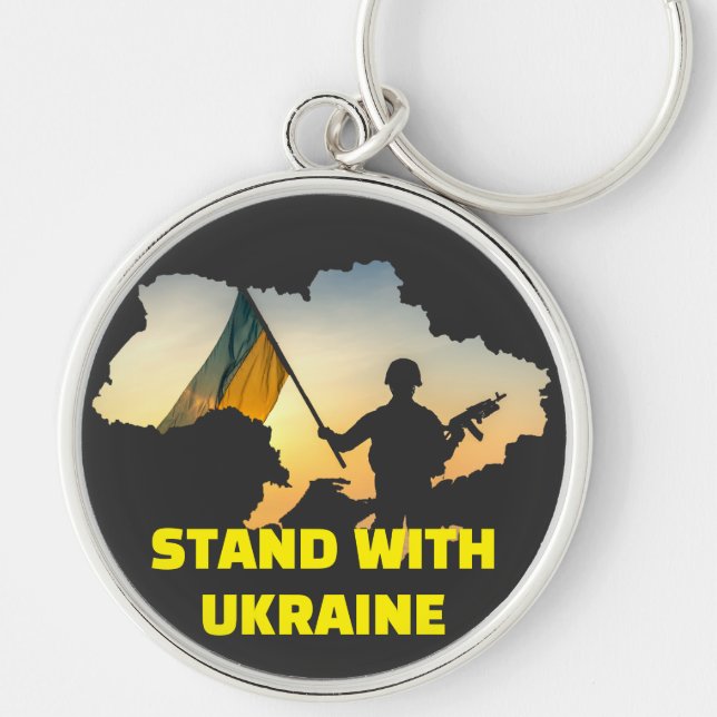 Stå upp med Ukraina - Stöd och solidaritet Rund Silverfärgad Nyckelring (Framsidan)
