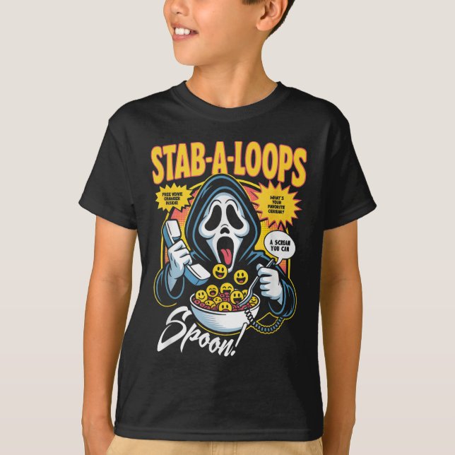 Stab-a-loops Skräck Cereal Box Halloween  T Shirt (Framsida)