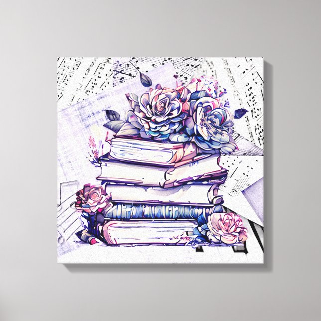 Stack av Anque Bokar, Flowers och Musik noter Canvastryck (Framsida)