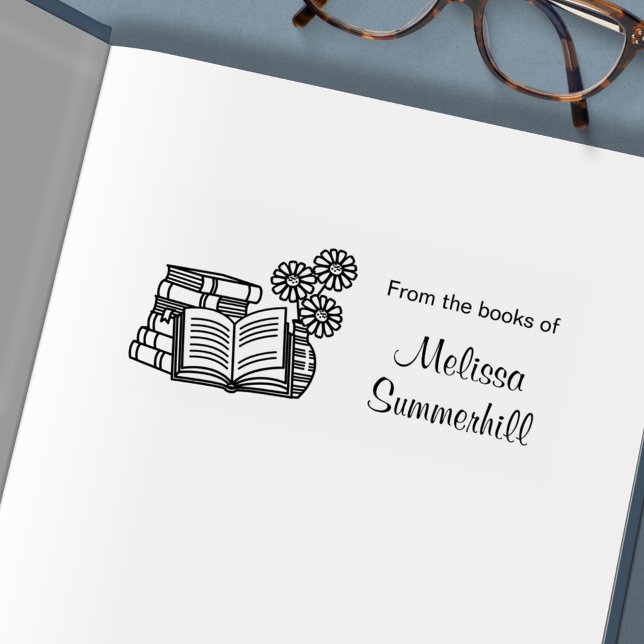 Stack av Bokar, Open Bok, Flowers - Bokplåt Självfärgande Stämpel (Skapare uppladdad)