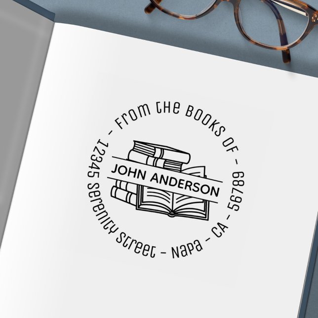 Stack av bokskylt från Bokar Round Adress Självfärgande Stämpel (Skapare uppladdad)