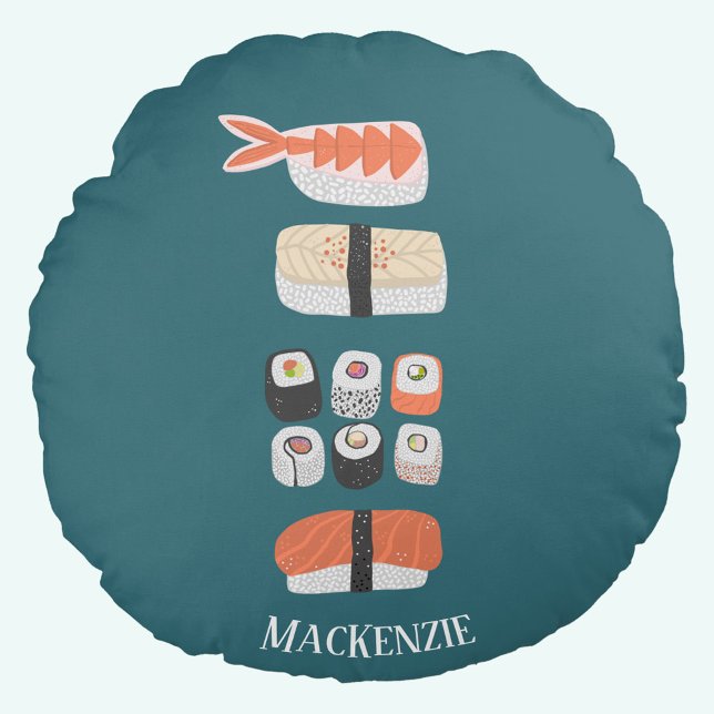 Stack för eget Sushi-namn Rund Kudde (Japanese sushi personalized teal green round pillow or cushion)