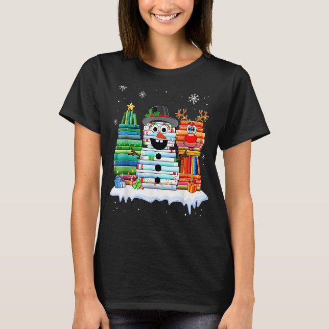Stack Librari julgran Snögubbe Reindeer Bok T Shirt (Framsida)