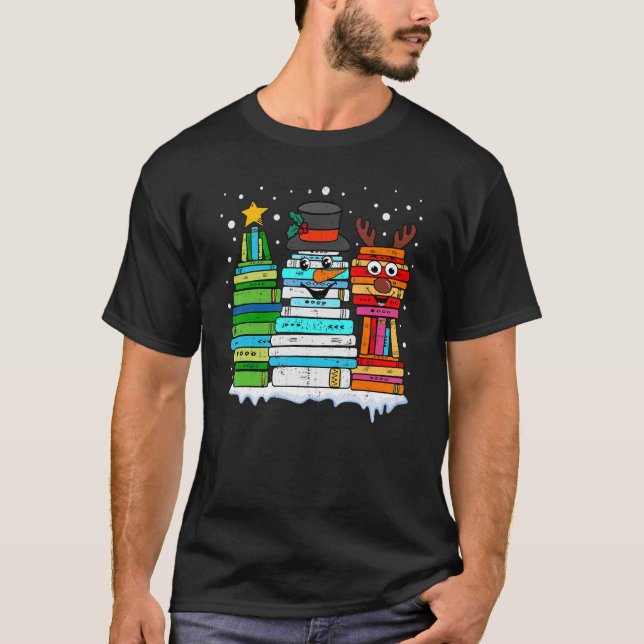 Stack Librari julgran Snögubbe Reindeer Bok T Shirt (Framsida)