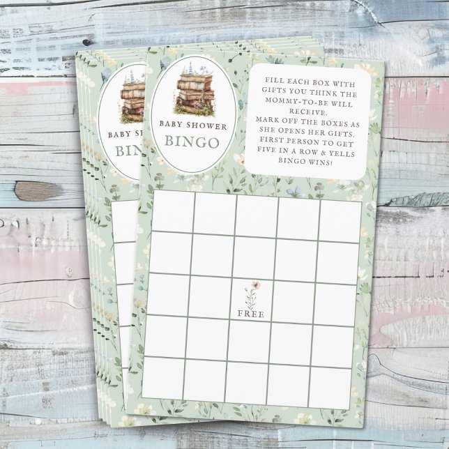 Stack of bokar babydusch 'Gift Bingo'-matchen laka (Fun baby shower game. Gift bingo for guests. sage green)