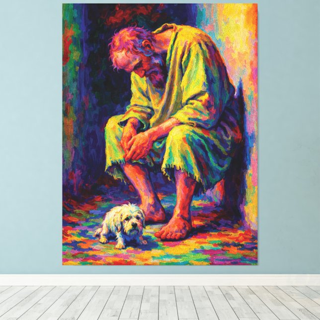 Stackars gamle man med lilla hund Rörande Canvastryck (Insitu (trägolv))