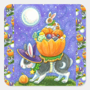 STACKED HALLOWEEN BUNNIES, CANDY CORN, COLORFUL FYRKANTIGT KLISTERMÄRKE