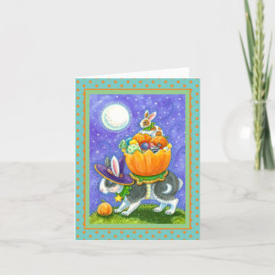 STACKED HALLOWEEN BUNNIES, CANDY CORN, COLORFUL HELGKORT