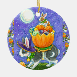 STACKED HALLOWEEN BUNNIES, CANDY CORN, COLORFUL JULGRANSPRYDNAD KERAMIK