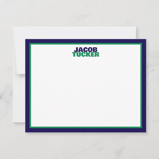 Stacked Name Navy Green Border Preppy Stationery Anteckningskort (Framsida)