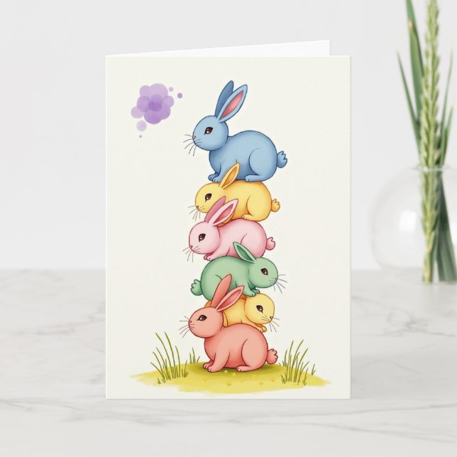 Stacked Rabbit Friends Cute Art Card Kort (Framsida)
