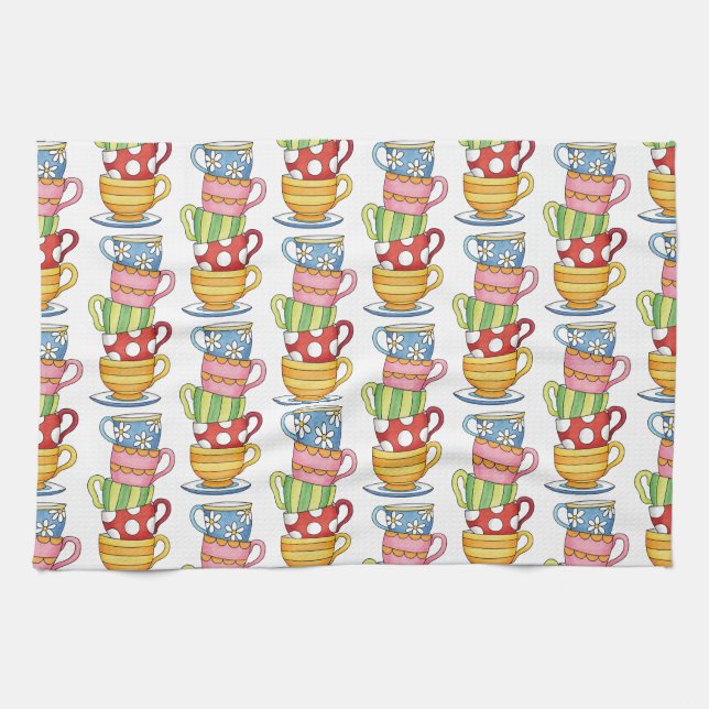 Stacked Teacups Teatime Illustration Kökshandduk (Horisontell)