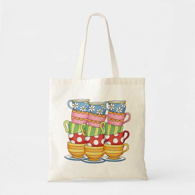 Stacked Teacups Teatime Illustration Tygkasse (Framsidan)