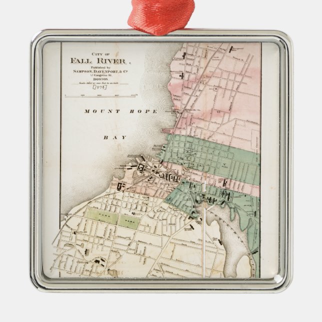 Stad av Fall River, Massachusetts karta (1874) Julgransprydnad Metall (Framsidan)
