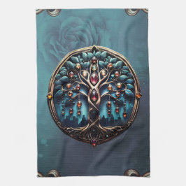 Stad i skuggan av det lyxiga livets träd. kökshandduk