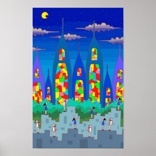 Stad med glasmålningar under en stjärnklar natt. poster