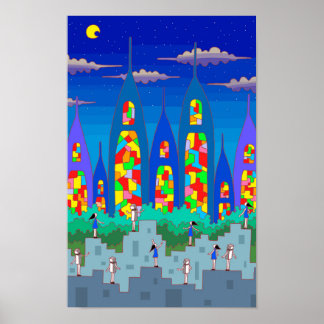 Stad med glasmålningar under en stjärnklar natt. poster