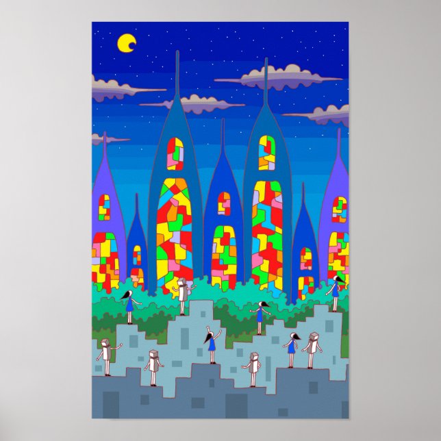 Stad med glasmålningar under en stjärnklar natt. poster (Framsidan)