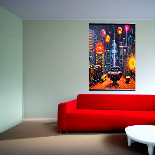Stad, takskärm och fyrverkeripjäs AI Art Poster
