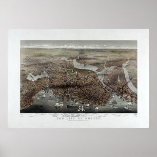 Staden 1873 av Boston, panorama- fågelöga för Poster