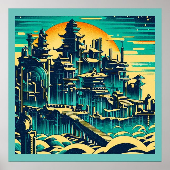 Staden Atlantis 1 - Woodblock Stil Poster (Framsidan)