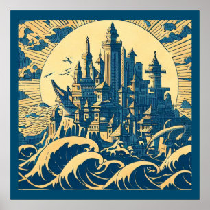 Staden Atlantis 3 - Woodblock Stil Poster