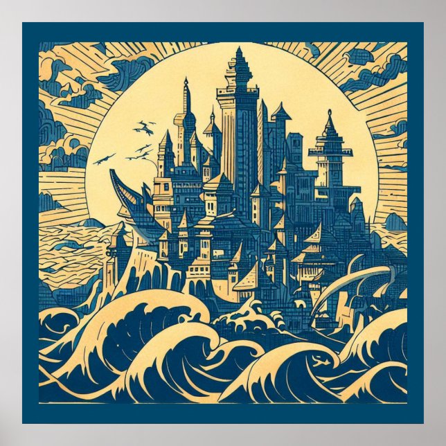 Staden Atlantis 3 - Woodblock Stil Poster (Framsidan)