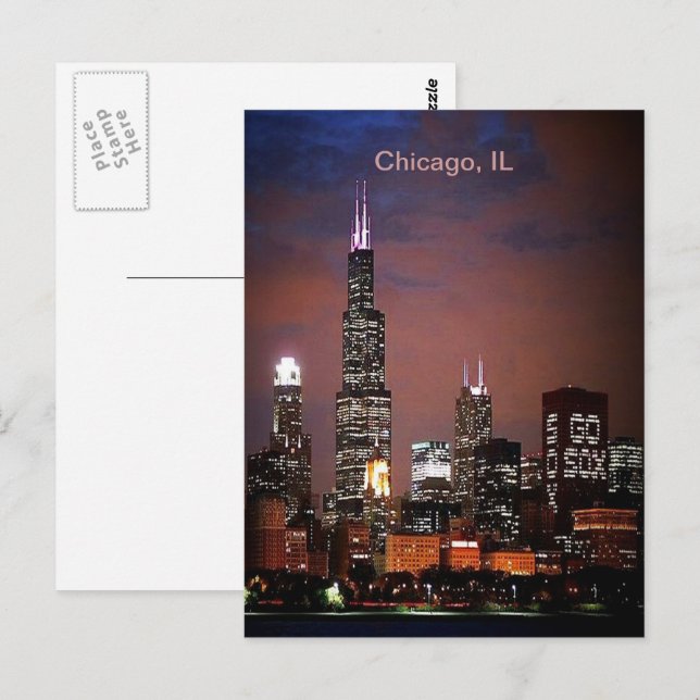 Staden Chicago Illinois Night Skyline Vykort (Fram/baksida)