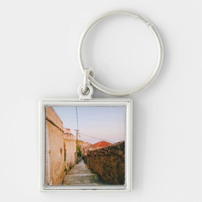 Staden Dubrovnik Fyrkantig Silverfärgad Nyckelring (Framsidan)
