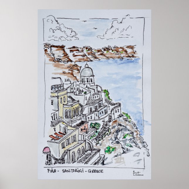 Staden Fira | Ön Santorini, Grekland Poster (Framsidan)