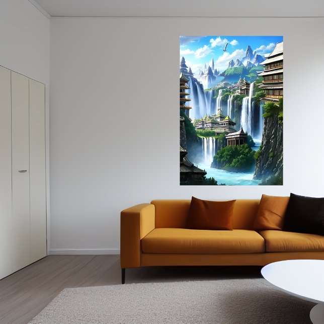 Staden och det underbara vattenfallet | AI Art Pos Poster (Skapare uppladdad)