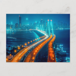 Staden på natten, ljusbron över floden helg vykort