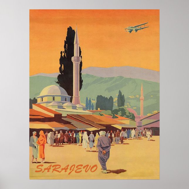 Staden Sarajevo i centrala staden Bosnien, vintage Poster (Framsidan)