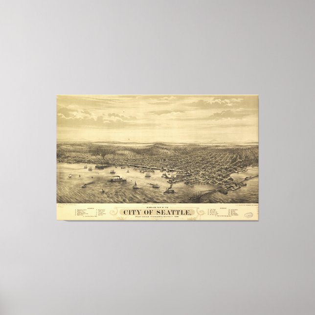 Staden Seattle Puget Ljud Washington Karta (1878) Canvastryck (Framsida)